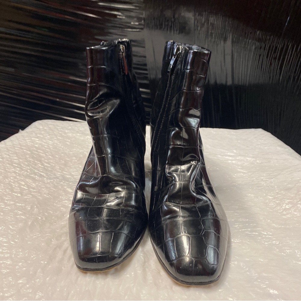 Franco Sarto Black Croc Embossed Square-Toe Ankle Boots | Size 8